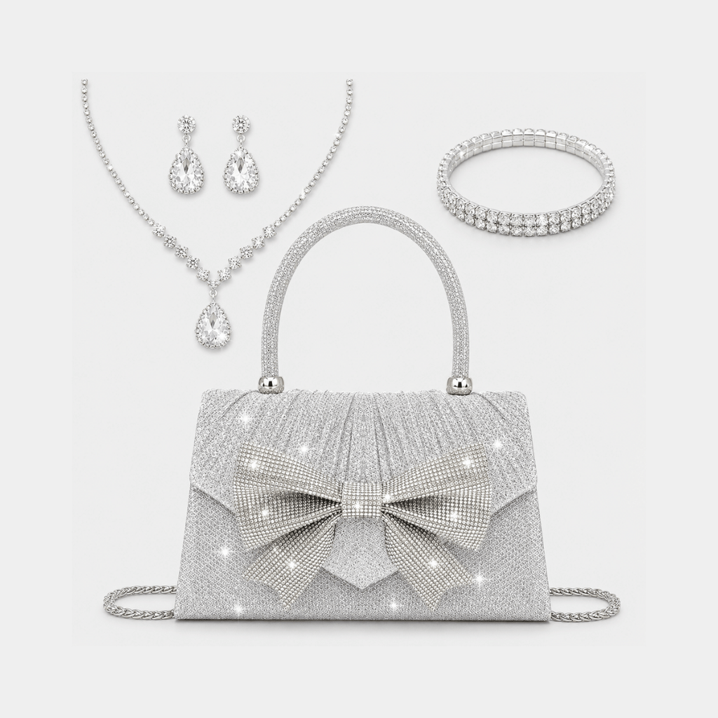Kit Bolsa Glamour + Joias | Bolsa com Laço de Strass