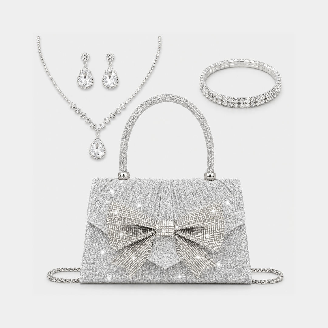 Kit Bolsa Glamour + Joias | Bolsa com Laço de Strass
