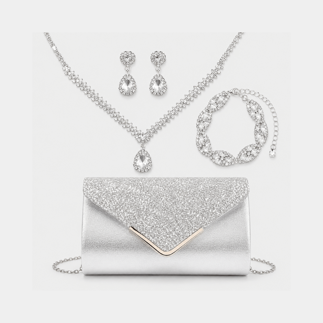 Kit Glamour Noite | Clutch + Joias 4 Peças para Festas