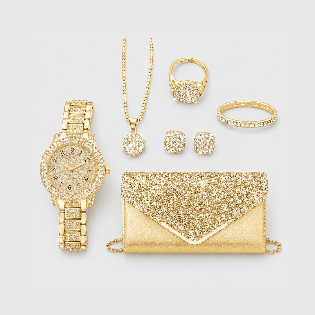 Kit Joias Femininas Dourado Luxo | 7 Peças Completo