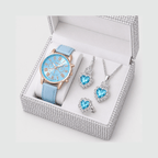 Kit Relógio Feminino Azul Claro + Joias | Conjunto Elegante