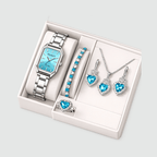 Kit Relógio Feminino Azul + Joias | Corações Elegantes