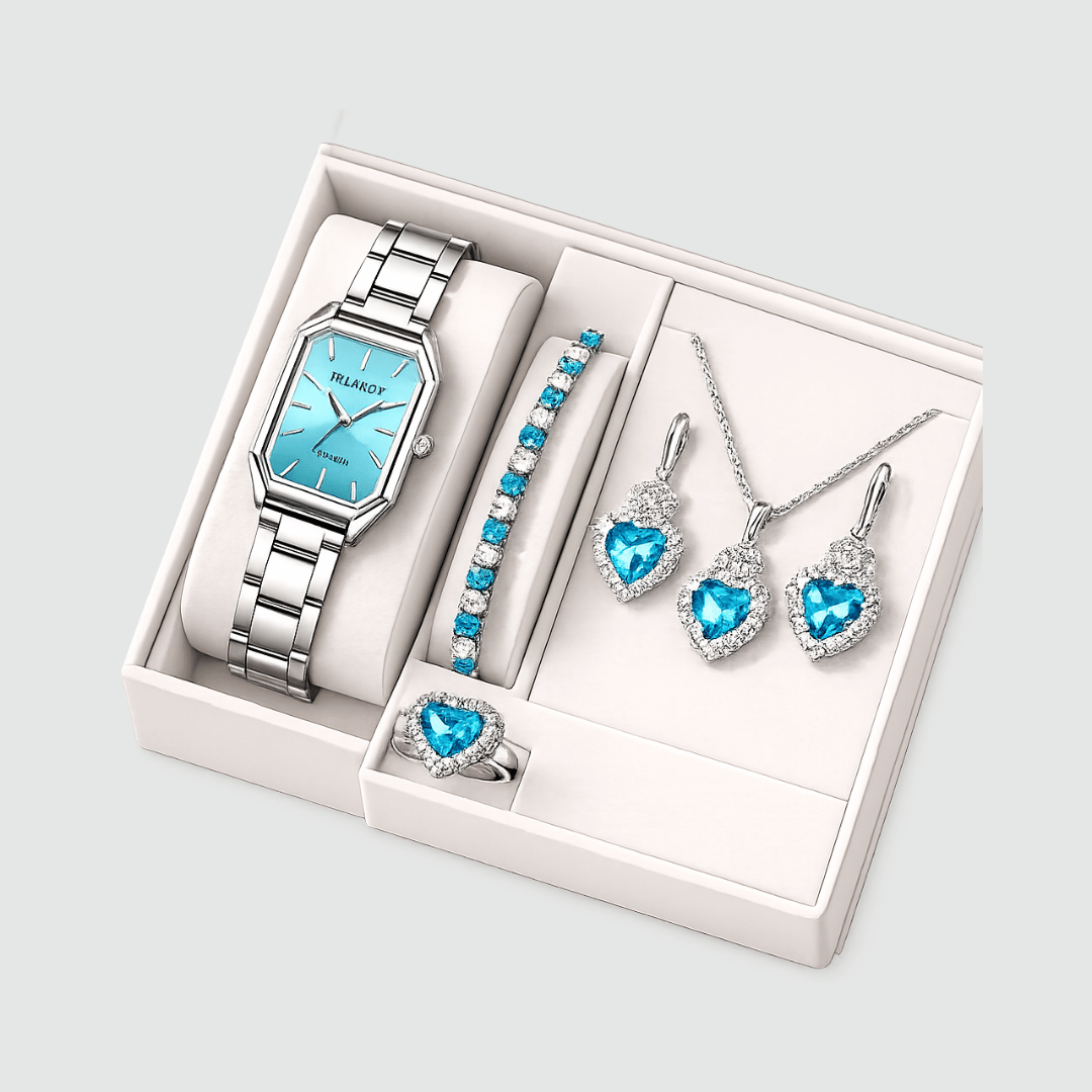 Kit Relógio Feminino Azul + Joias | Corações Elegantes