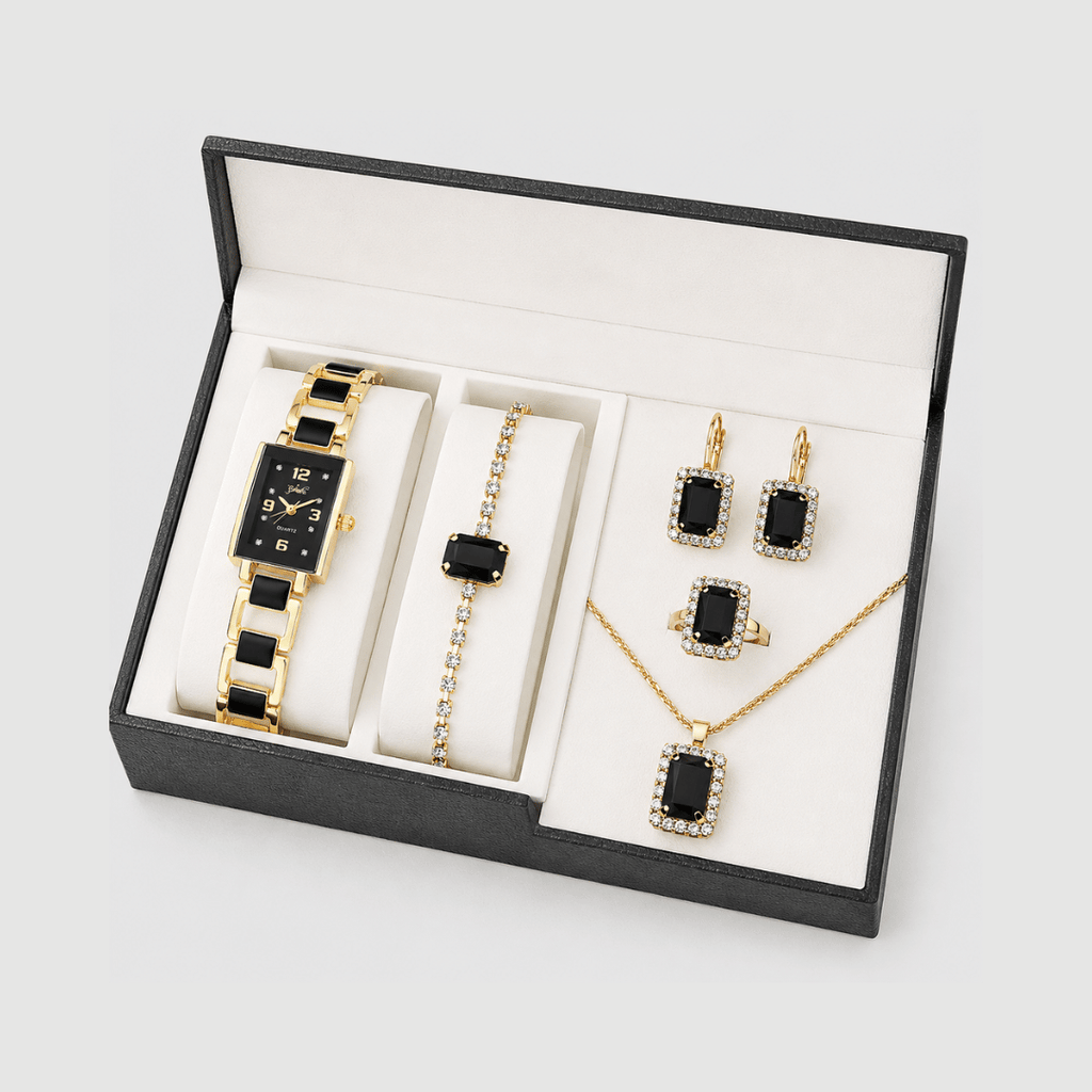 Kit Relógio Feminino Preto + Joias | Conjunto Minimalista