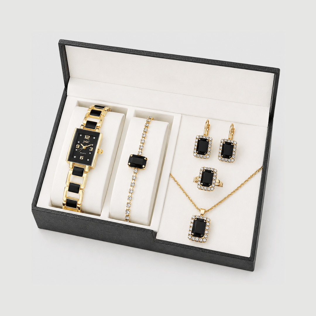 Kit Relógio Feminino Preto + Joias | Conjunto Minimalista