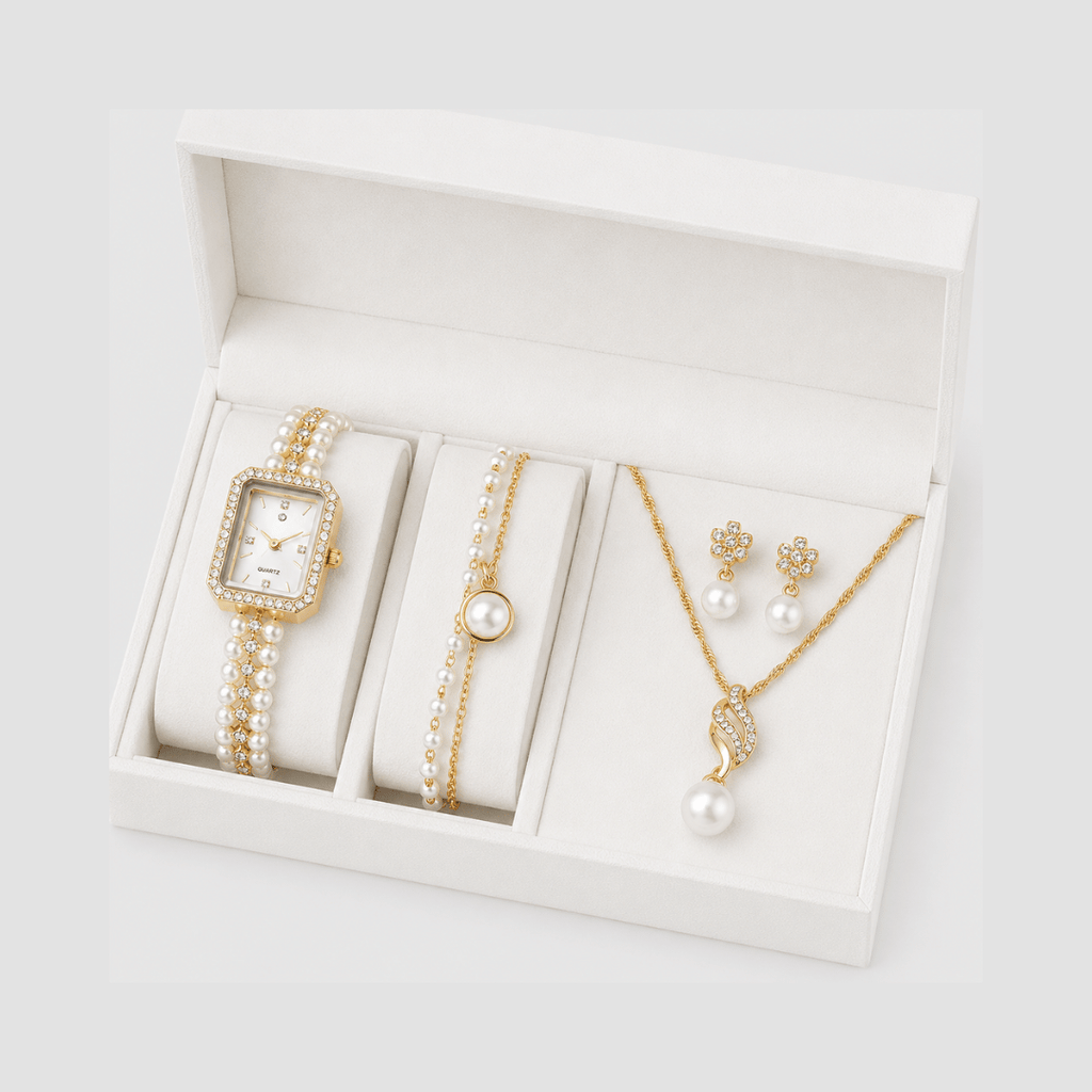 Kit Relógio Feminino + Colar de Pérolas | Conjunto Dourado