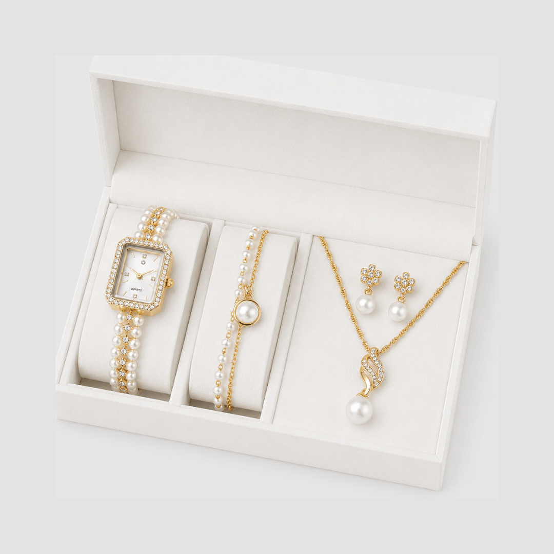 Kit Relógio Feminino + Colar de Pérolas | Conjunto Dourado
