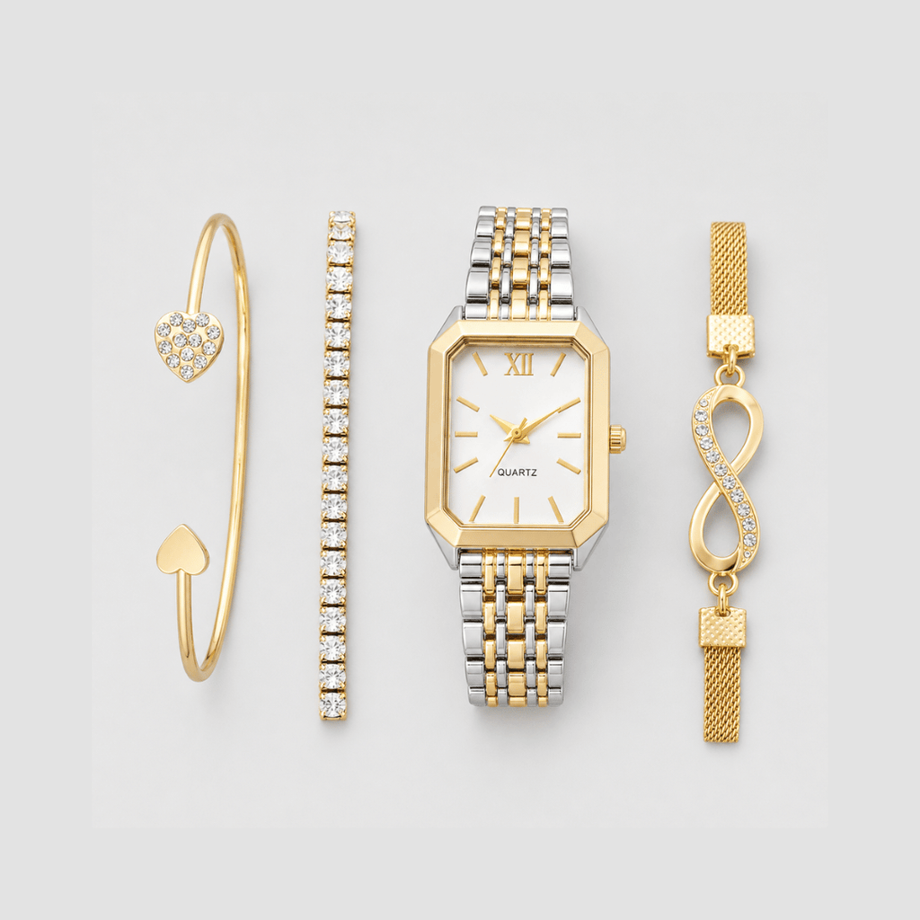 Kit Relógio Feminino + Pulseiras Douradas | Casual Diário