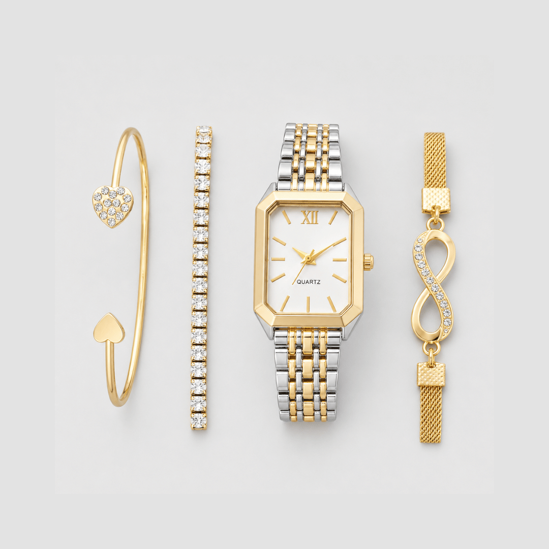 Kit Relógio Feminino + Pulseiras Douradas | Casual Diário