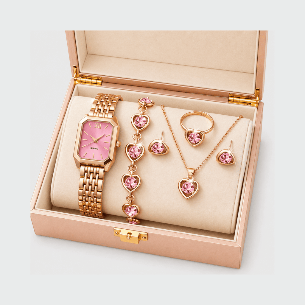 Kit Relógio + Joias Cristalina | Conjunto Elegante Rosa