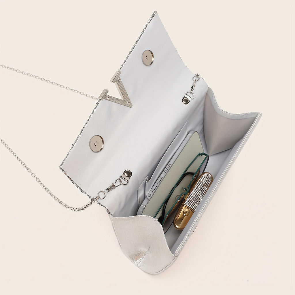 4 Peças Conjunto de Joias com Strass Colar Brilhante Brincos Pulseira Bolsa de Noite Feminina Clutch Festa Nupcial Bolsa Elegante com Tampa Vibrante Envelope Bolsa de Mão com Corrente Metálica para Casamento e Festas