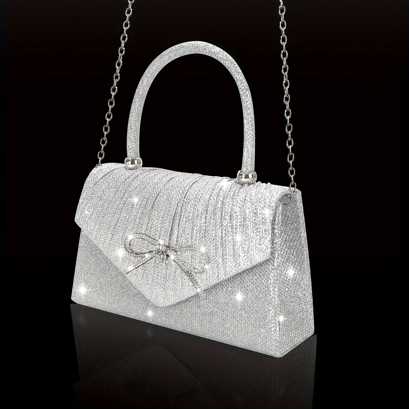 Elegante Carteira de Lantejoulas Champagne com Laço de Strass - Conjunto de Brincos, Colar e Pulseira de Strass Combinados - Presente Ideal de Dia dos Namorados para Mulheres, Acessório de Festa|Carteira de Lantejoulas Champagne|Fechamento Detalhado