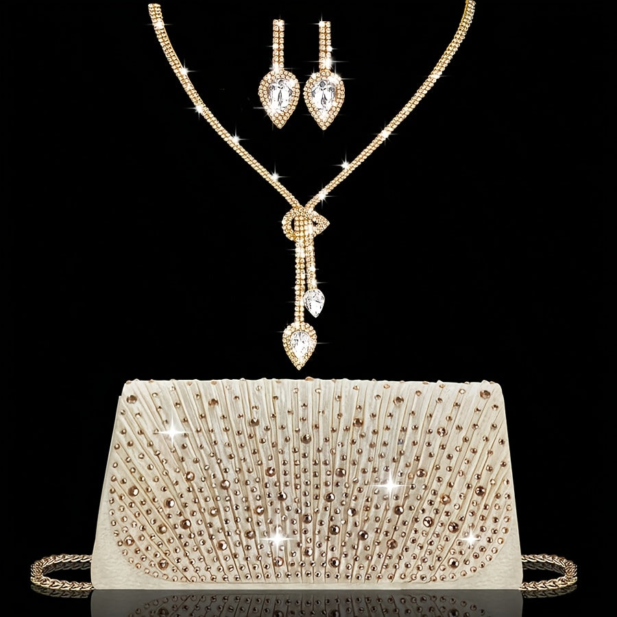 Bolsa de Noite/Festa com Aba e Strass Brilhante, Clutch/Bolsa de Noite Plissada Elegante e Estilosa, Acompanha Conjunto de Joias com 2 Peças de Strass Brilhante, Adequada para Festas, Banquetes, Reuniões, Dançantes, Casamentos e Outras Ocasiões.