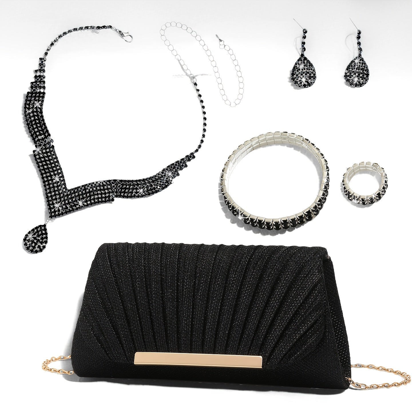 Conjunto de 5 Peças de Bolsa de Mão Prateada com Acessórios de Strass para Mulheres, Ideal para Festas Noturnas e Casamentos