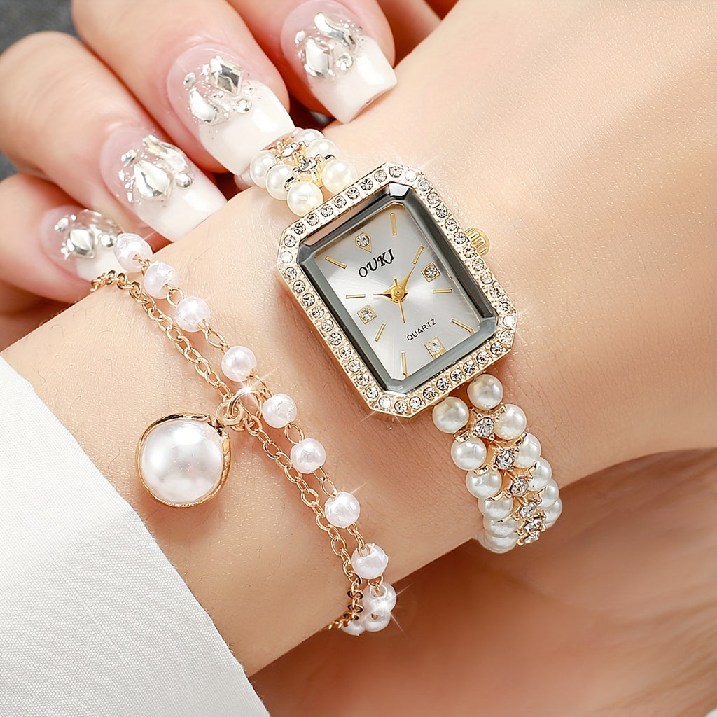 Conjunto de Relógio de Quartzo Feminino Minimalista e Elegante com Mostrador Quadrado, Incluindo Pulseira, Colar e Brincos (5 peças/conjunto). Não Inclui Caixa de Relógio