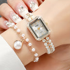 Conjunto de Relógio de Quartzo Feminino Minimalista e Elegante com Mostrador Quadrado, Incluindo Pulseira, Colar e Brincos (5 peças/conjunto). Não Inclui Caixa de Relógio