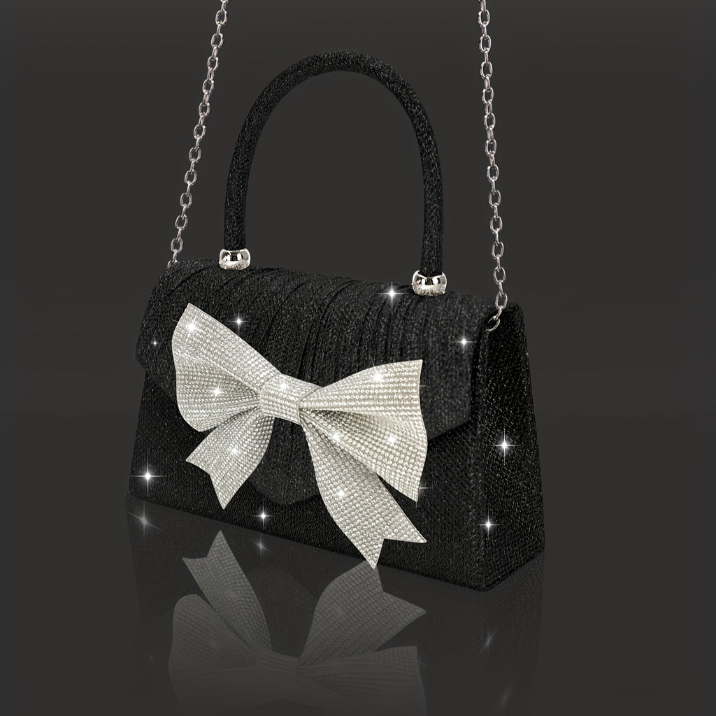 O Salheiro de Noite Brilhante Glitt é um Design de Aba Plissada, Chic e Sofisticado, Adornado com um Laço de Strass Deslumbrante. Inclui um Conjunto de Joias de Strass Luxuoso, Incluindo um Colar, Brincos e um Pulseira.