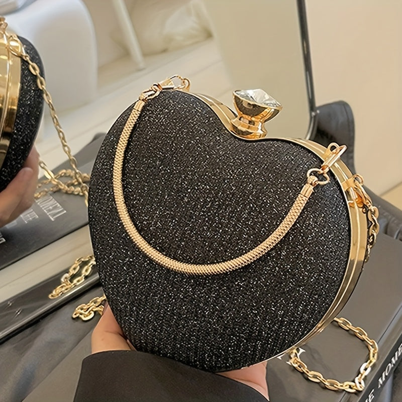 Bolsa de Noite Feminina Moderna e Versátil em Forma de Coração, Bolsa de Vestido, Bolsa de Festa, Colar de Strass, Pulseira, Brincos, Conjunto de Quatro Peças para Banquetes