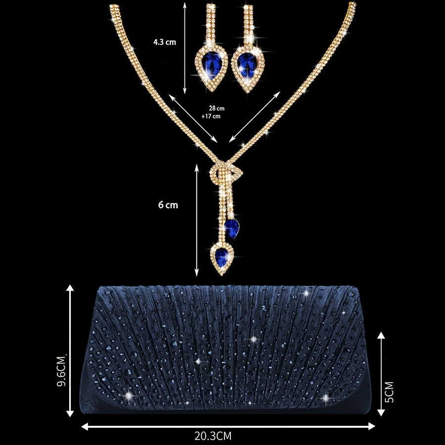Bolsa de Noite/Festa com Aba e Strass Brilhante, Clutch/Bolsa de Noite Plissada Elegante e Estilosa, Acompanha Conjunto de Joias com 2 Peças de Strass Brilhante, Adequada para Festas, Banquetes, Reuniões, Dançantes, Casamentos e Outras Ocasiões.