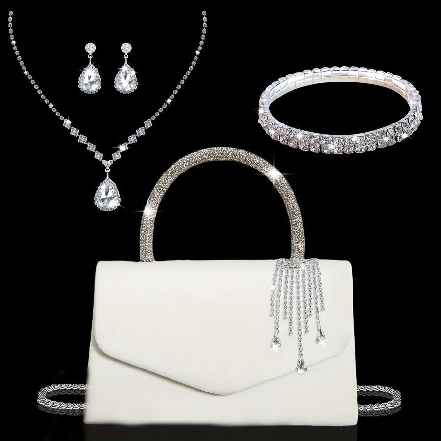 Novo Bolsa de Noite Feminina com Strass, Bolsa de Festa Aveludada com Pendente Brilhante, Elegante Bolsa de Casamento para Noiva, com Conjunto de Três Peças com Pendente de Strass Brilhante, Colar com Pendente de Strass, Brincos, Pulseira, Adequado para Casamentos, Festas, Jantares e Bailes