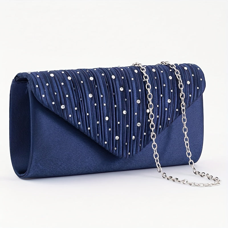 Elegante e Versátil Clutch de Noite com Decorações Brilhantes, Mala de Ombro com Corrente, Bolsa de Festa, Conjunto Luxuoso de Colar, Brincos e Pulseira com Strass, um Conjunto Completo de Quatro Peças para Banquetes