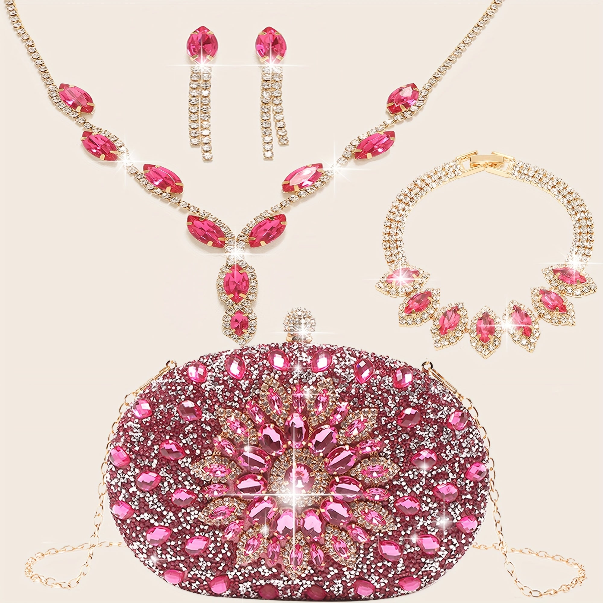 Conjunto de 4 peças de bolsas de noite para mulheres com strass, clipe de orelha com strass, colar de noivado, pulseira, bolsa de sol de cristal brilhante, bolsa de noite para mulheres, saco de compras de casamento, bolsa de mão