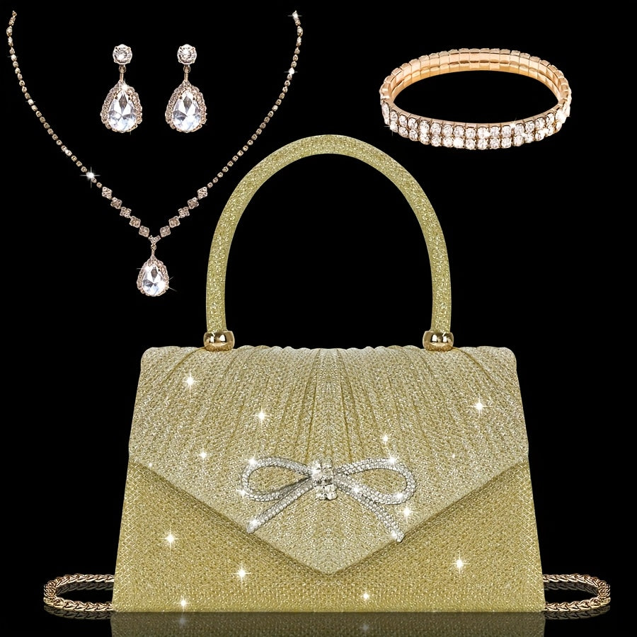 Elegante Carteira de Lantejoulas Champagne com Laço de Strass - Conjunto de Brincos, Colar e Pulseira de Strass Combinados - Presente Ideal de Dia dos Namorados para Mulheres, Acessório de Festa|Carteira de Lantejoulas Champagne|Fechamento Detalhado
