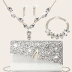 4 Peças Conjunto de Joias com Strass Colar Brilhante Brincos Pulseira Bolsa de Noite Feminina Clutch Festa Nupcial Bolsa Elegante com Tampa Vibrante Envelope Bolsa de Mão com Corrente Metálica para Casamento e Festas
