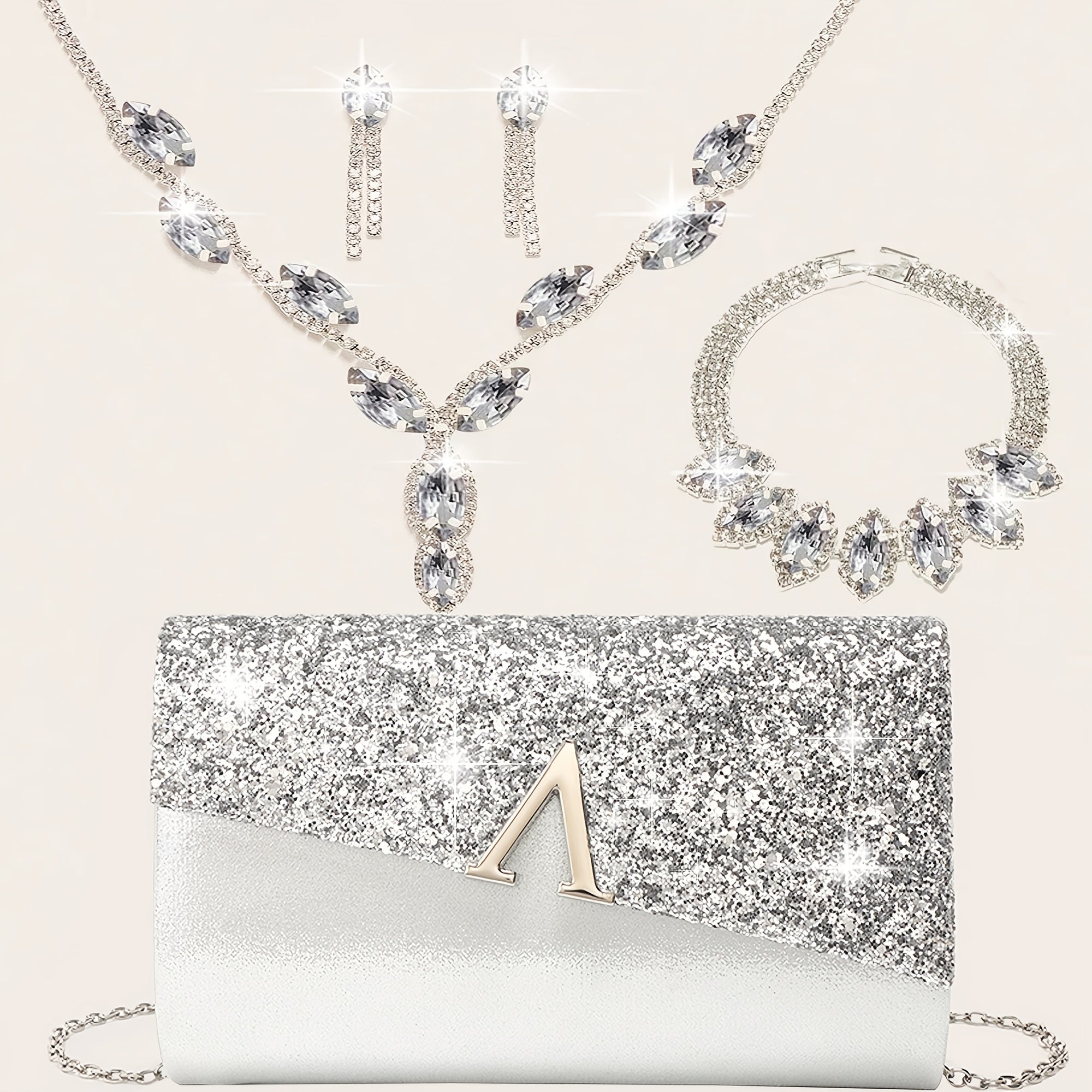 4 Peças Conjunto de Joias com Strass Colar Brilhante Brincos Pulseira Bolsa de Noite Feminina Clutch Festa Nupcial Bolsa Elegante com Tampa Vibrante Envelope Bolsa de Mão com Corrente Metálica para Casamento e Festas