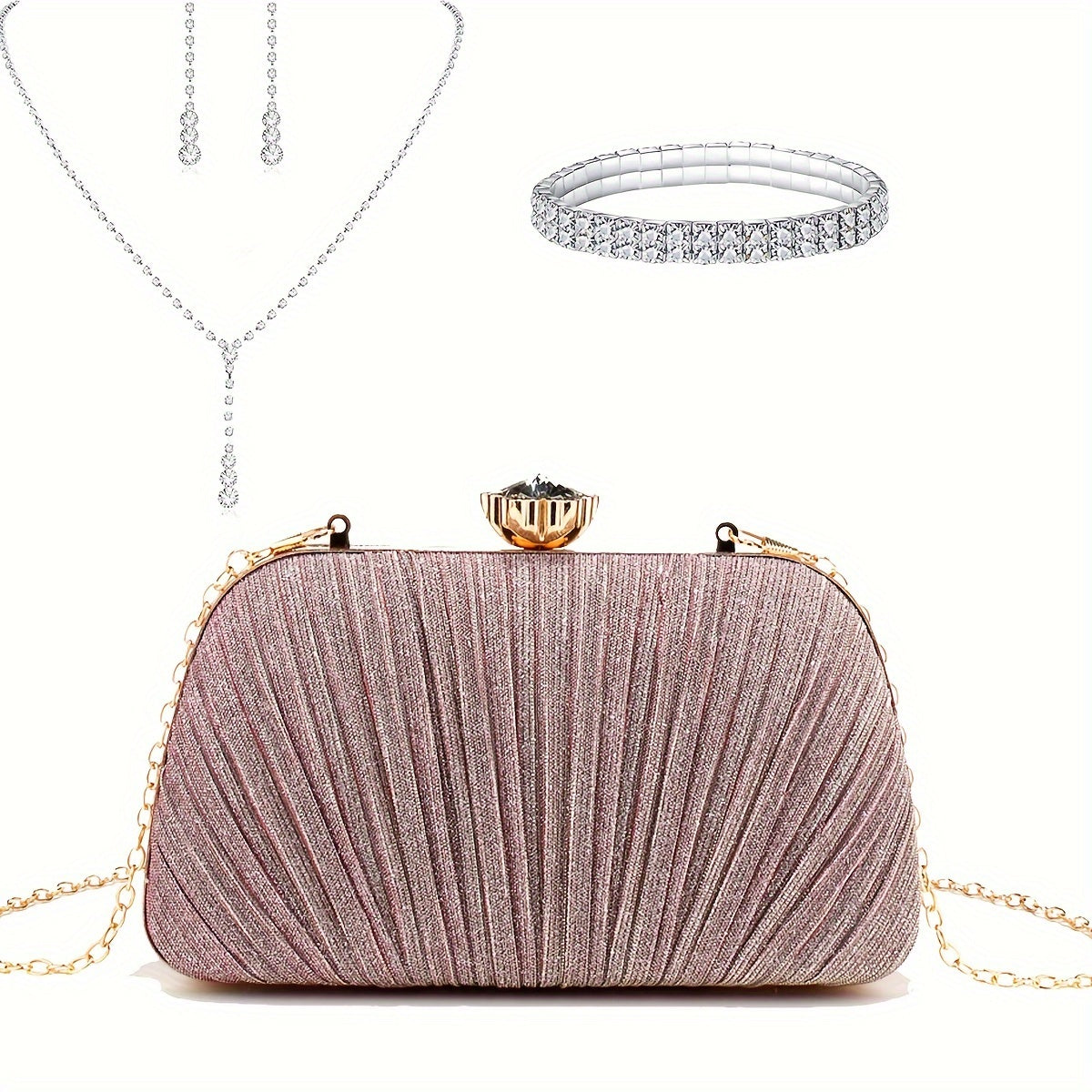 Bolsas de Noite de Natal para Mulher com Franjas, Lantejoulas, Strass, Corrente de Metal, Bolsas de Ombro, Cor Verde, Bolsa de Banquete com Glitter, Conjunto de Joias Elegante com Colar, Brincos e Pulseira de Strass para Casamento e Despedida de Solteira