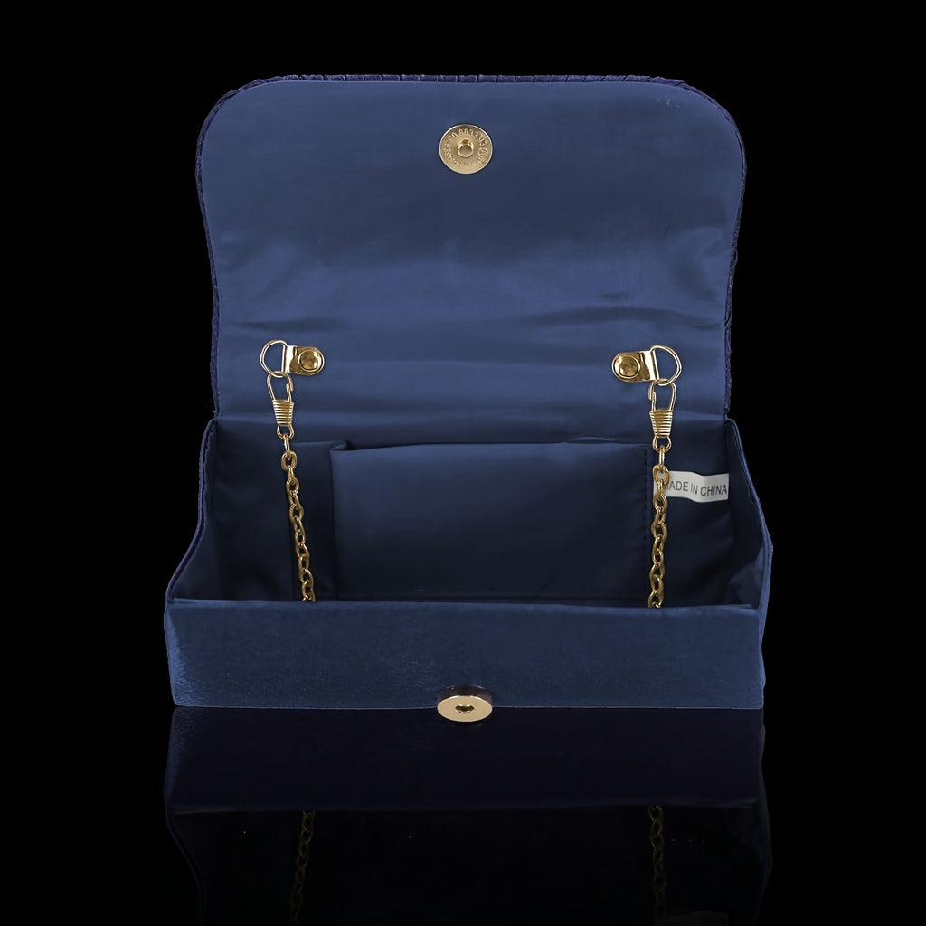 Bolsa de Noite/Festa com Aba e Strass Brilhante, Clutch/Bolsa de Noite Plissada Elegante e Estilosa, Acompanha Conjunto de Joias com 2 Peças de Strass Brilhante, Adequada para Festas, Banquetes, Reuniões, Dançantes, Casamentos e Outras Ocasiões.