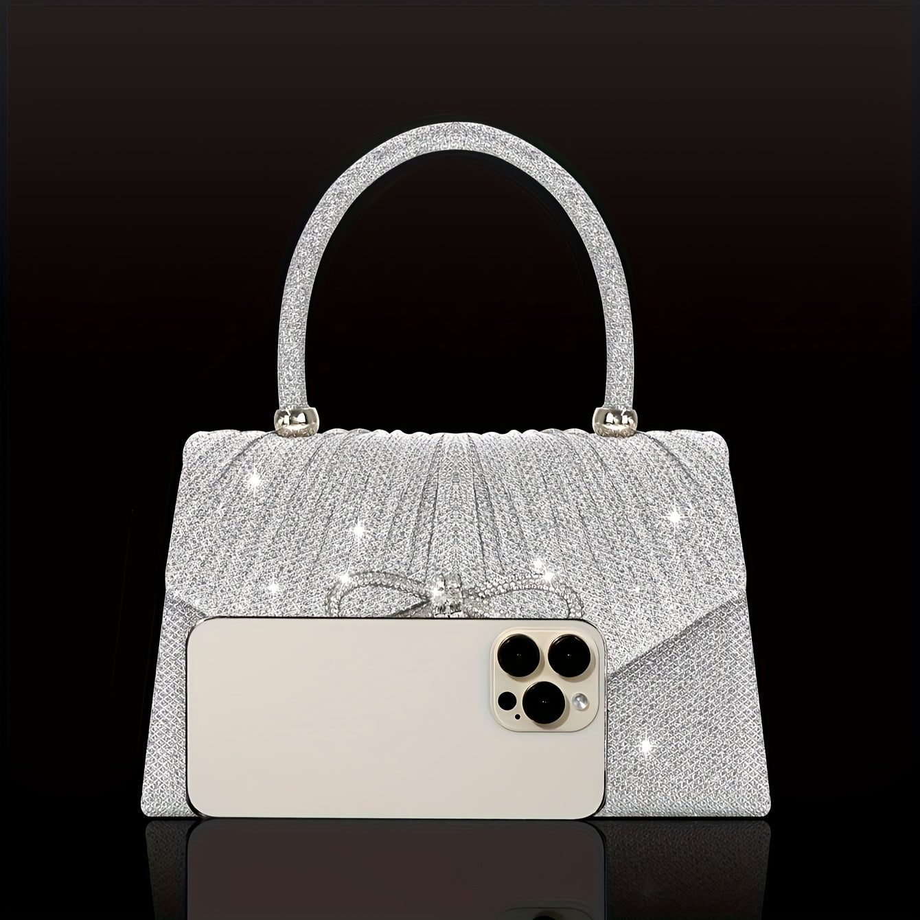 Elegante Carteira de Lantejoulas Champagne com Laço de Strass - Conjunto de Brincos, Colar e Pulseira de Strass Combinados - Presente Ideal de Dia dos Namorados para Mulheres, Acessório de Festa|Carteira de Lantejoulas Champagne|Fechamento Detalhado