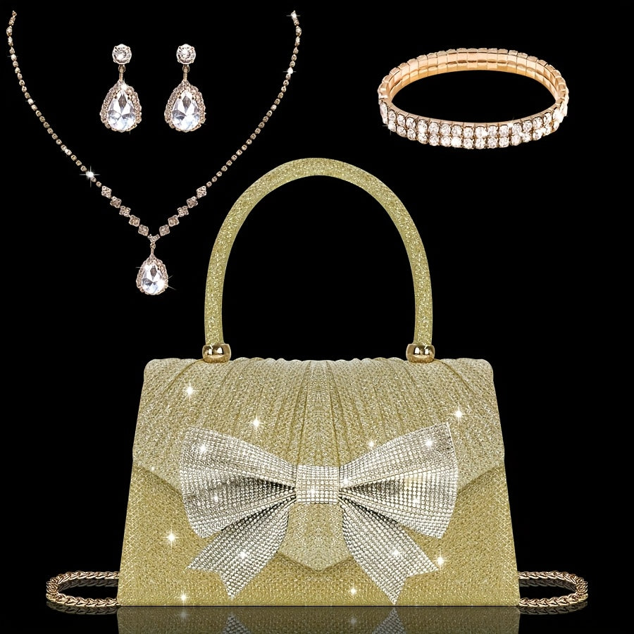 O Salheiro de Noite Brilhante Glitt é um Design de Aba Plissada, Chic e Sofisticado, Adornado com um Laço de Strass Deslumbrante. Inclui um Conjunto de Joias de Strass Luxuoso, Incluindo um Colar, Brincos e um Pulseira.