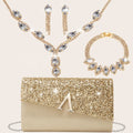 4 Peças Conjunto de Joias com Strass Colar Brilhante Brincos Pulseira Bolsa de Noite Feminina Clutch Festa Nupcial Bolsa Elegante com Tampa Vibrante Envelope Bolsa de Mão com Corrente Metálica para Casamento e Festas