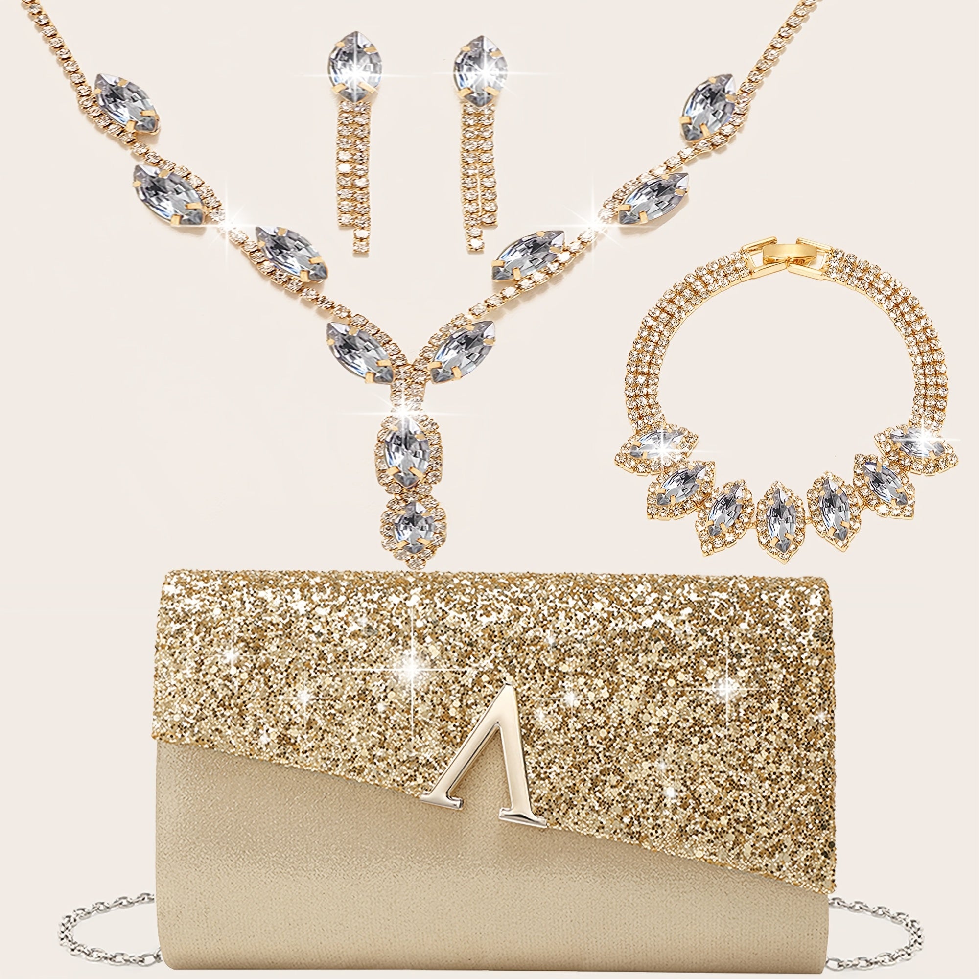 4 Peças Conjunto de Joias com Strass Colar Brilhante Brincos Pulseira Bolsa de Noite Feminina Clutch Festa Nupcial Bolsa Elegante com Tampa Vibrante Envelope Bolsa de Mão com Corrente Metálica para Casamento e Festas