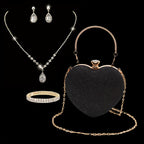 Bolsa de Noite Feminina Moderna e Versátil em Forma de Coração, Bolsa de Vestido, Bolsa de Festa, Colar de Strass, Pulseira, Brincos, Conjunto de Quatro Peças para Banquetes