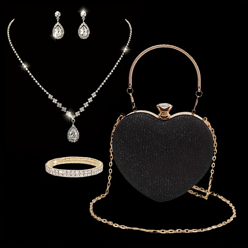 Bolsa de Noite Feminina Moderna e Versátil em Forma de Coração, Bolsa de Vestido, Bolsa de Festa, Colar de Strass, Pulseira, Brincos, Conjunto de Quatro Peças para Banquetes