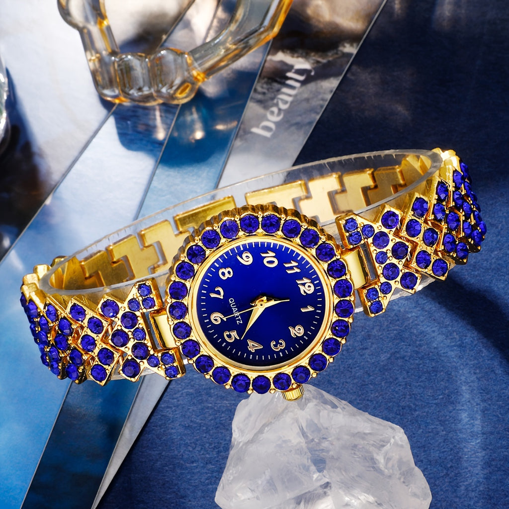 Conjunto de 6 Relógios de Quartzo Redondos Elegantes e Estilos com Strass, Incluindo um Bracelete em Liga de Zinco, Mostrador Fácil e um Colar e Brincos de Bracelete Quadrada a Combinar. Presente Perfeito para Ocasiões como o Dia dos Namorados, Páscoa, Halloween, Ramadão