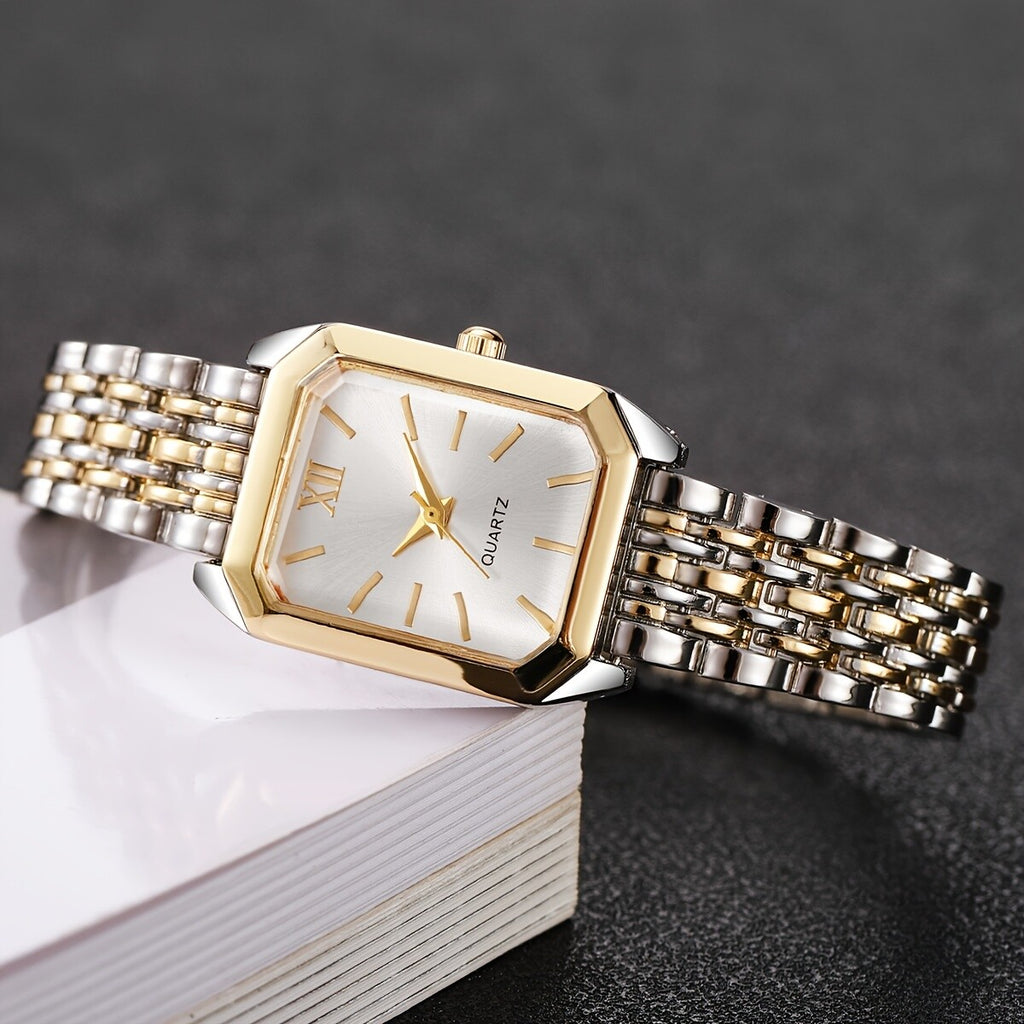 Relógio de Presente Feminino Luxo Leve Niche Mostrador Quadrado Clássico Fácil de Usar Relógio de Pulso de Quartzo e Conjunto (4 unidades/conjunto) Caixa de Relógio Não Incluída