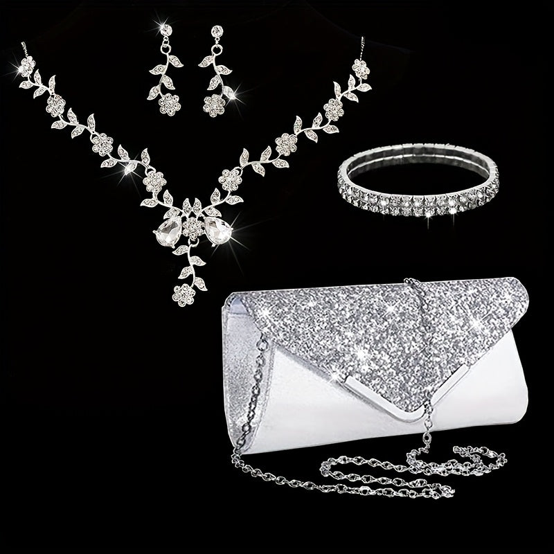 Bolsa de Festa Feminina Versátil com Lantejoulas, Colar e Pulseira de Strass, Conjunto de 4 Peças para Banquete