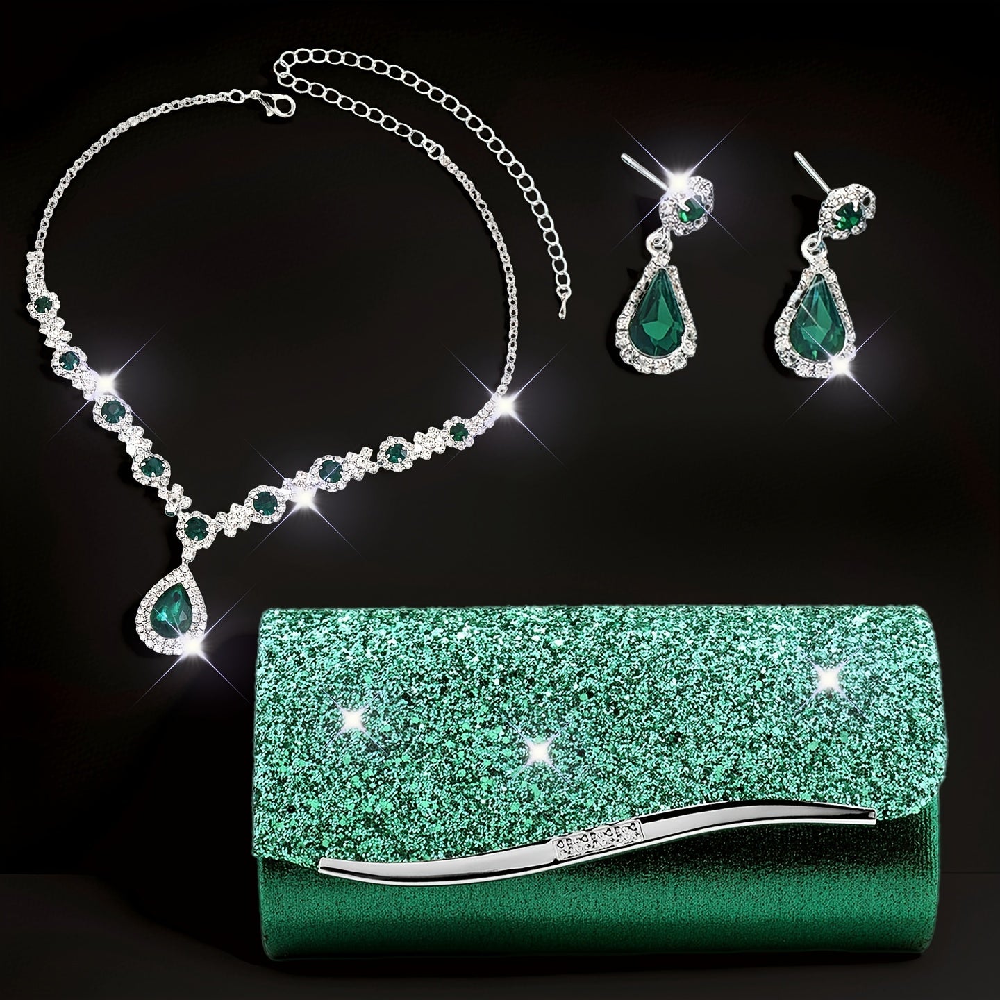 Conjunto de 3 Bolsas de Noite Femininas, Clutch com Colar e Brincos, Envelope de Strass, Bolsa de Festa, Carteira de Noiva para Baile