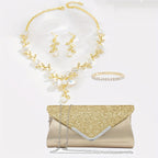 Bolsa de Festa Feminina Versátil com Lantejoulas, Colar e Pulseira de Strass, Conjunto de 4 Peças para Banquete