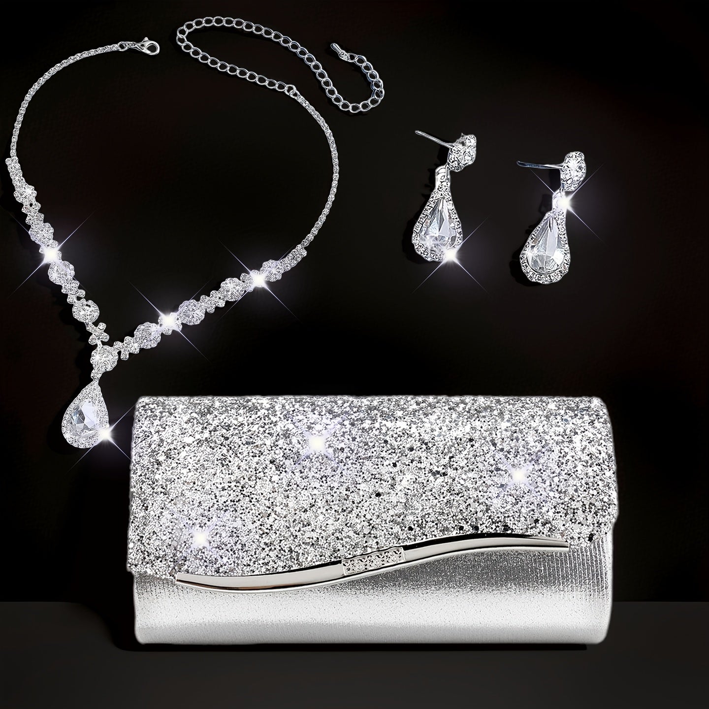 Conjunto de 3 Bolsas de Noite Femininas, Clutch com Colar e Brincos, Envelope de Strass, Bolsa de Festa, Carteira de Noiva para Baile