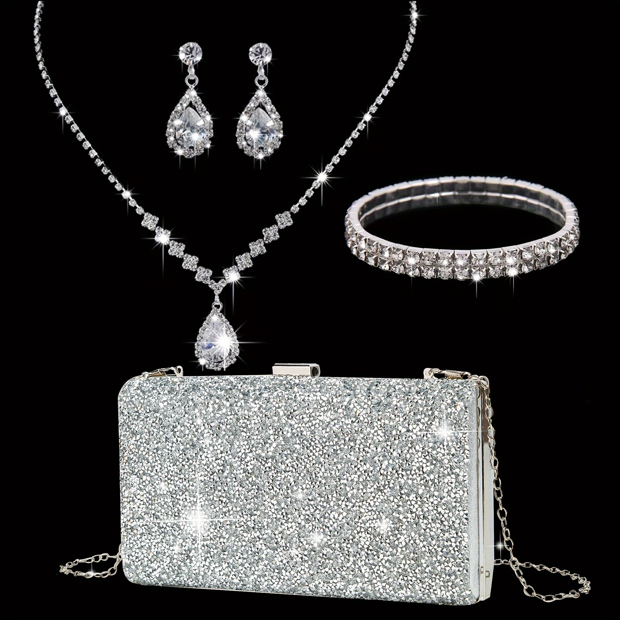Conjunto de 4 Bolsas de Noiva Prateadas com Joias e Strass para Mulher, Bolsas de Noite Brilhantes, Bolsas de Mão para Casamento, Festa, Presente
