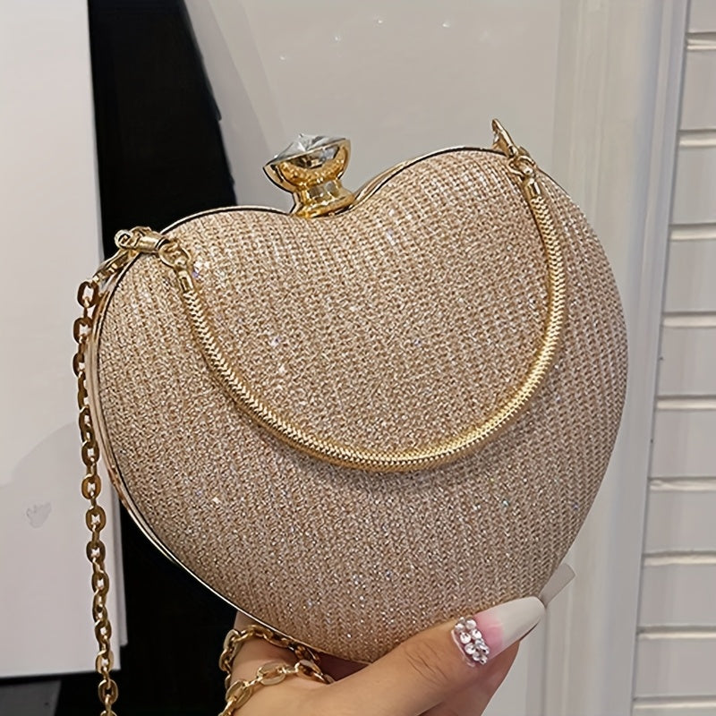 Bolsa de Noite Feminina Moderna e Versátil em Forma de Coração, Bolsa de Vestido, Bolsa de Festa, Colar de Strass, Pulseira, Brincos, Conjunto de Quatro Peças para Banquetes