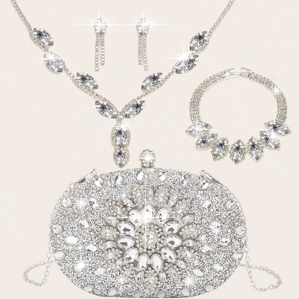 Conjunto de 4 peças de bolsas de noite para mulheres com strass, clipe de orelha com strass, colar de noivado, pulseira, bolsa de sol de cristal brilhante, bolsa de noite para mulheres, saco de compras de casamento, bolsa de mão