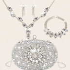 Conjunto de 4 peças de bolsas de noite para mulheres com strass, clipe de orelha com strass, colar de noivado, pulseira, bolsa de sol de cristal brilhante, bolsa de noite para mulheres, saco de compras de casamento, bolsa de mão