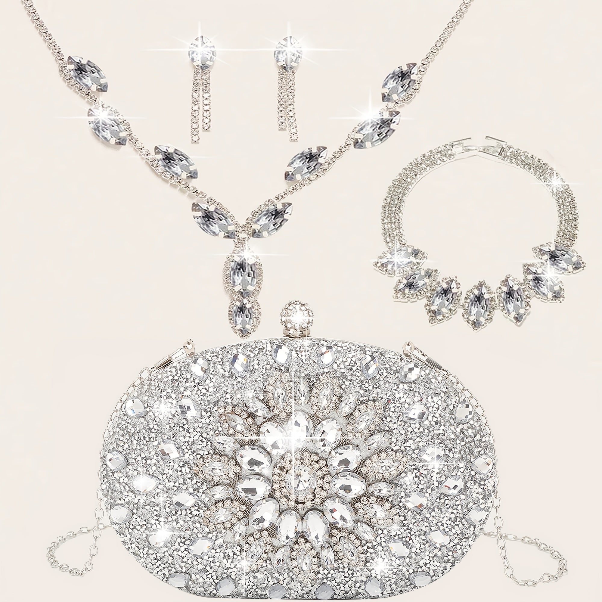 Conjunto de 4 peças de bolsas de noite para mulheres com strass, clipe de orelha com strass, colar de noivado, pulseira, bolsa de sol de cristal brilhante, bolsa de noite para mulheres, saco de compras de casamento, bolsa de mão