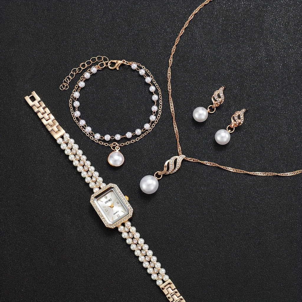 Conjunto de Relógio de Quartzo Feminino Minimalista e Elegante com Mostrador Quadrado, Incluindo Pulseira, Colar e Brincos (5 peças/conjunto). Não Inclui Caixa de Relógio
