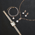 Conjunto de Relógio de Quartzo Feminino Minimalista e Elegante com Mostrador Quadrado, Incluindo Pulseira, Colar e Brincos (5 peças/conjunto). Não Inclui Caixa de Relógio
